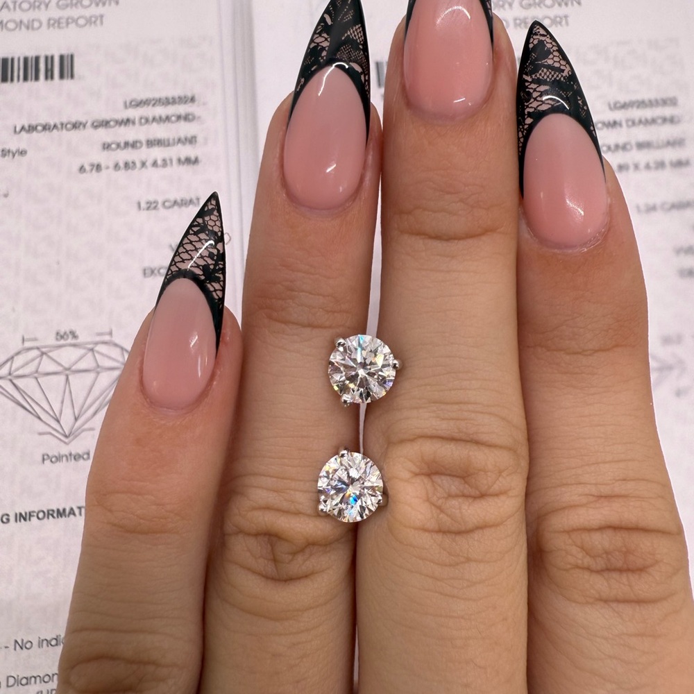 2.46 CTW round lab diamond stud earrings three prong screw backs 14k white gold